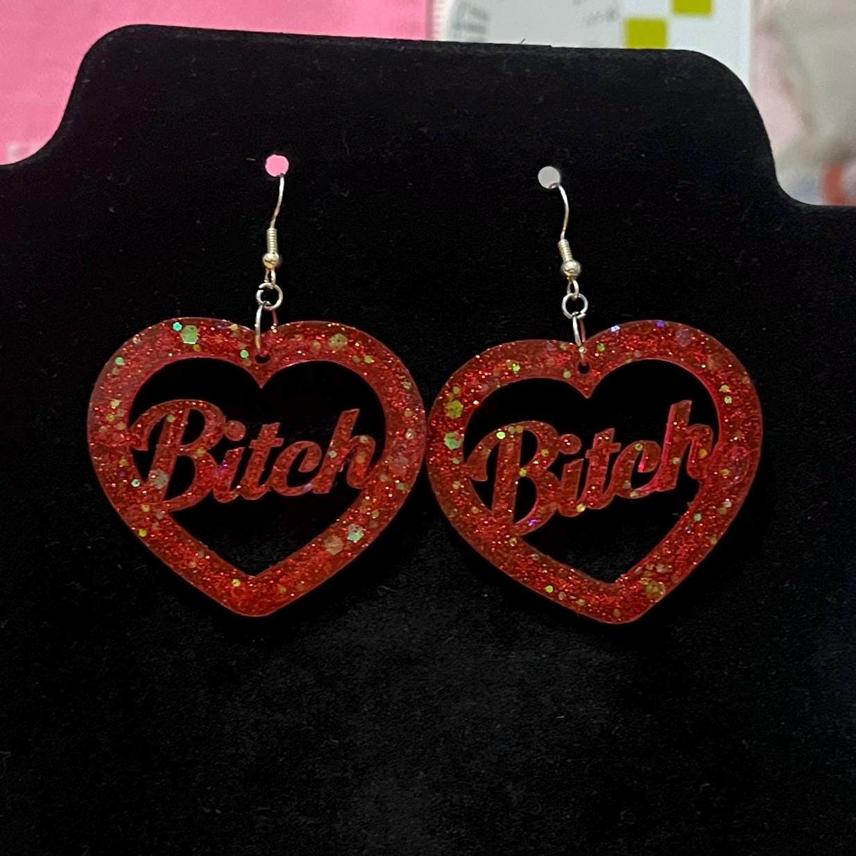 Red Glitter Slut Dangle Drop Earrings