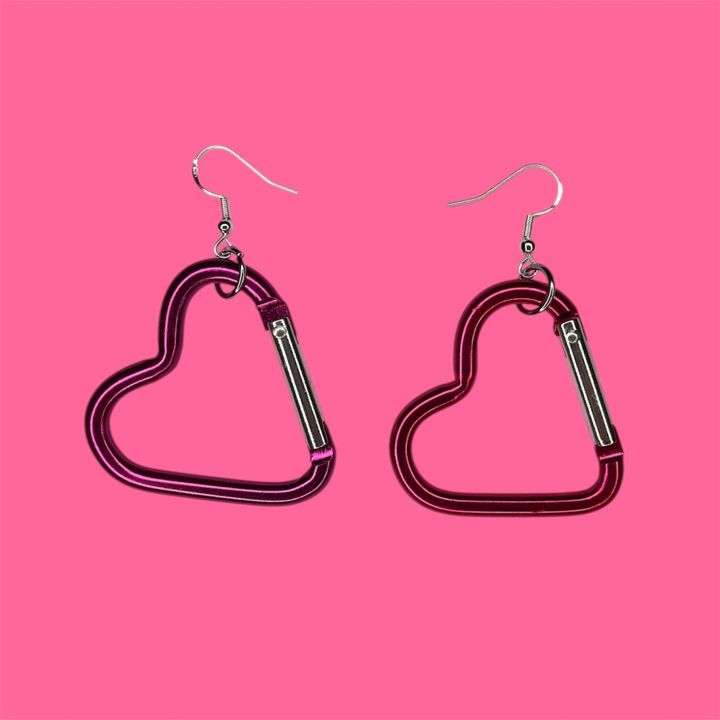Carabiner heart earrings, orange, silver and pink LGBTQ+ dangle drop sterling silver plated