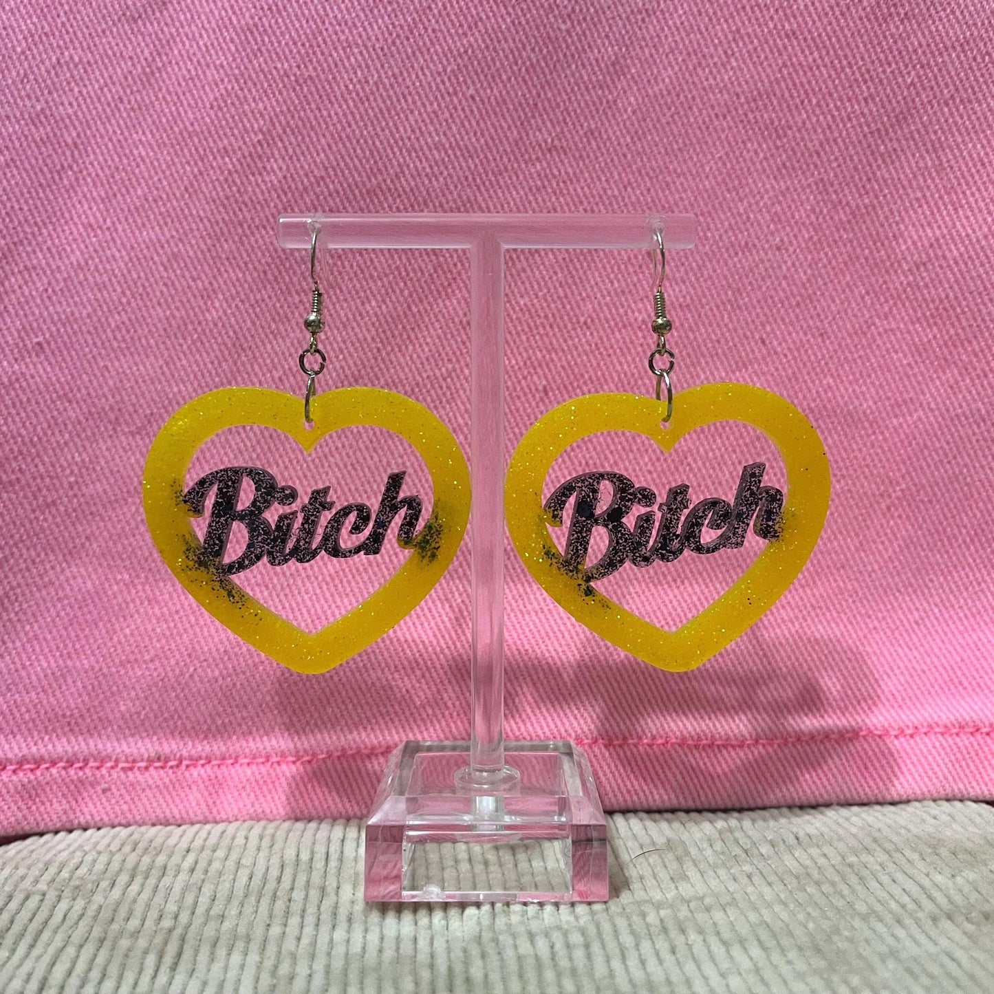 Black and Yellow glitter dangle drop clip on bitch or slut earrings