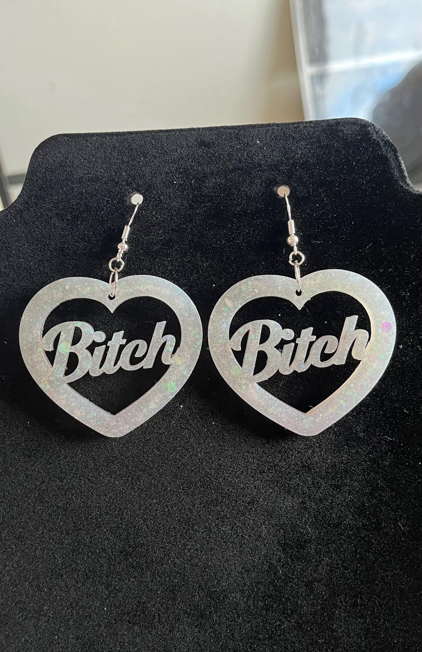 Glittery white Bitch, Slut or Brat Heart Earrings