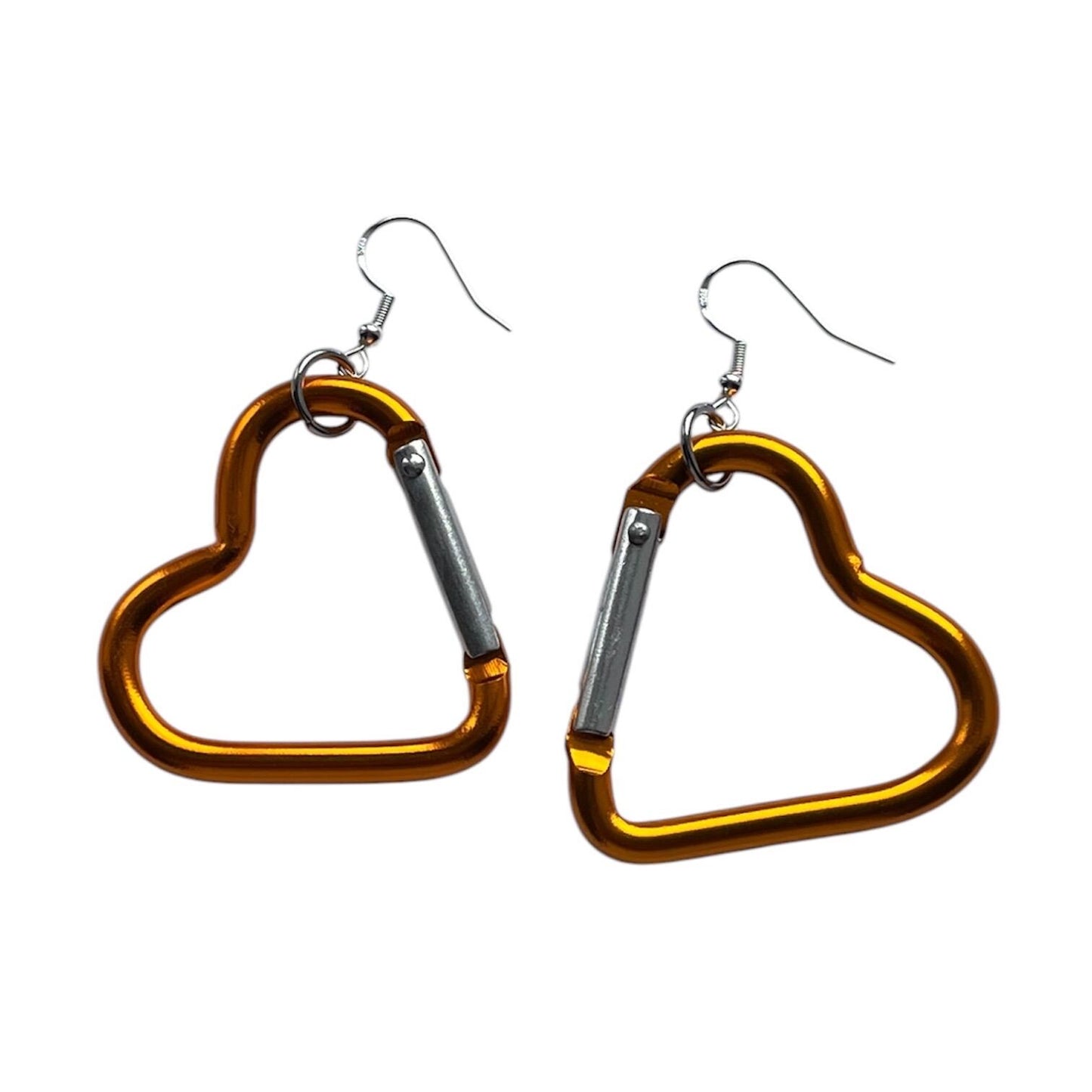 Carabiner heart earrings, orange, silver and pink LGBTQ+ dangle drop sterling silver plated