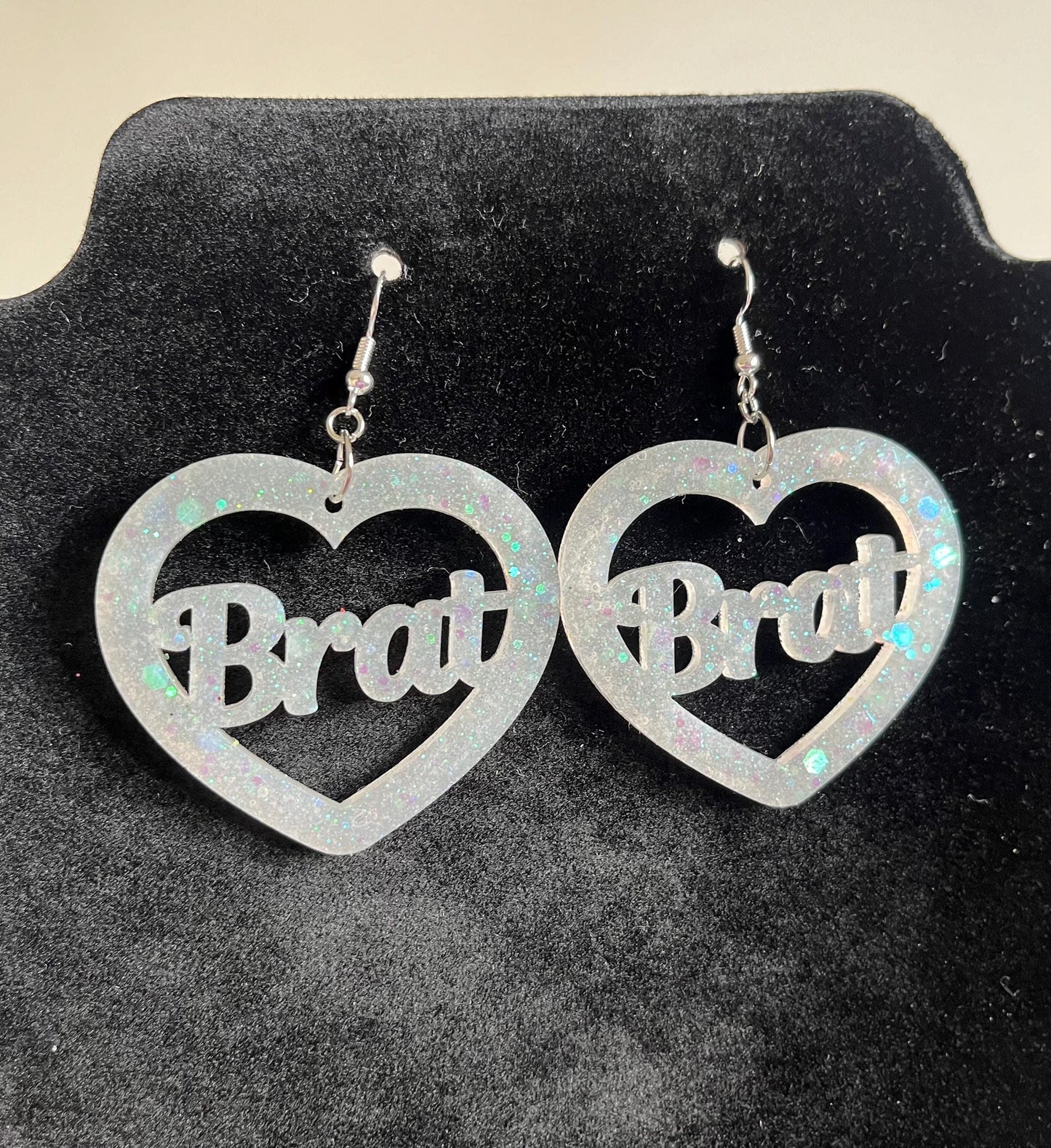 Glittery white Bitch, Slut or Brat Heart Earrings