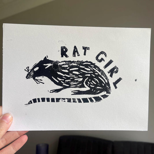 Hand printed lino cut rat girl print