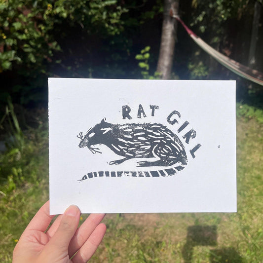 Hand printed lino cut rat girl print