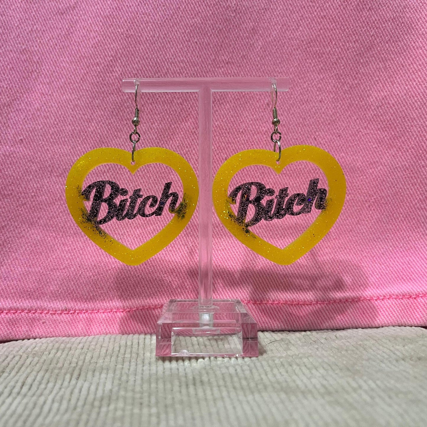 Black and Yellow glitter dangle drop clip on bitch or slut earrings