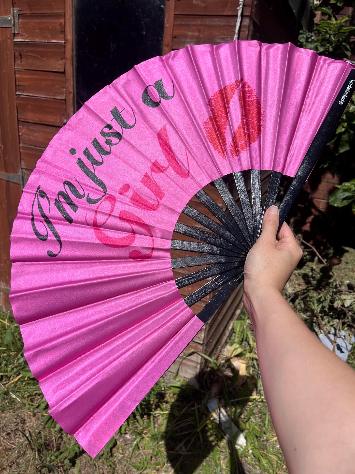 Huge colourful I’m just a girl clacker fan for raving, pride, or fanning yourself whilst you have a panic attack