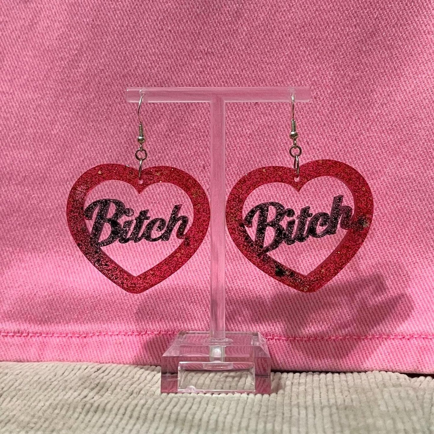 black and red glitter dangle drop clip on bitch earrings