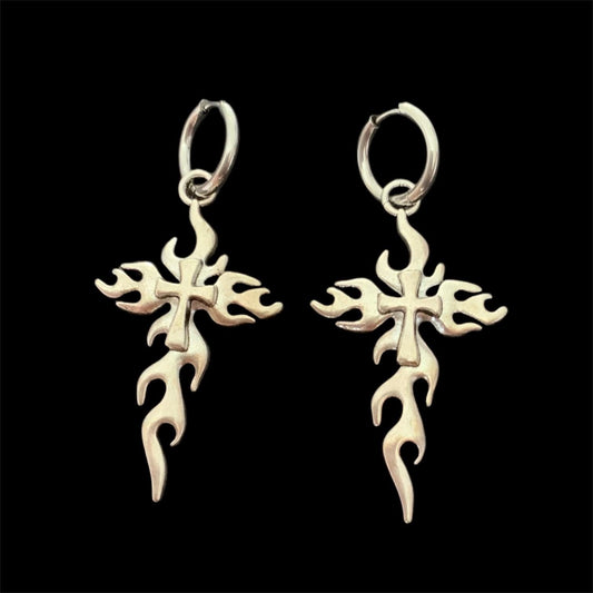 Large flame crucifix earrings
