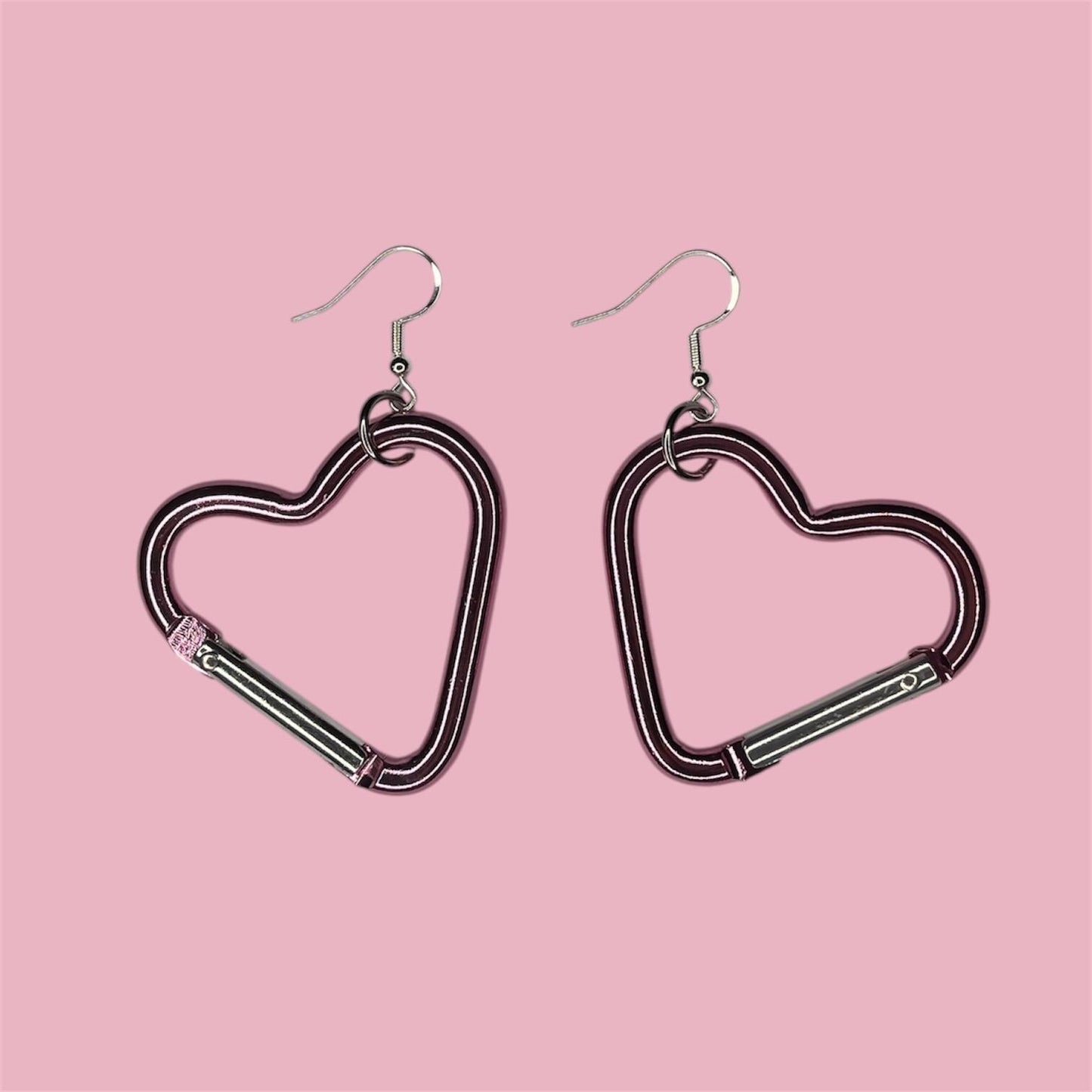 Carabiner heart earrings, orange, silver and pink LGBTQ+ dangle drop sterling silver plated