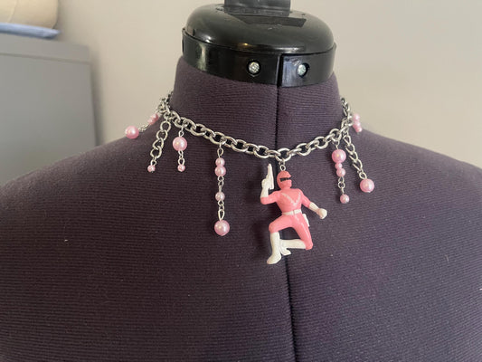 Pink power rangers choker necklace beaded handmade stainless steel