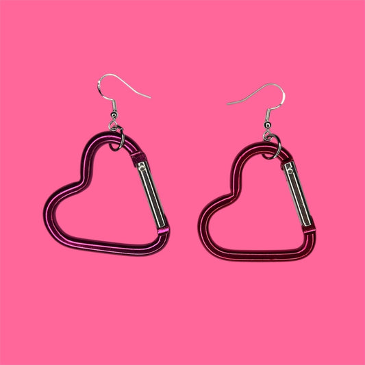 Carabiner heart earrings, orange, silver and pink LGBTQ+ dangle drop sterling silver plated