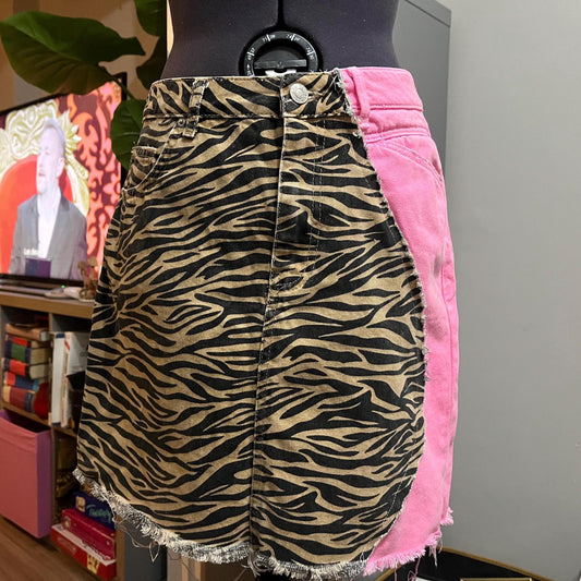 Mashup Mini Skirts - reworked skirts pink tiger zebra print one off limited edition pink denim