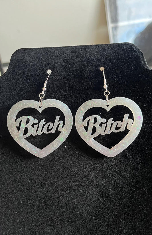 White Bitch Brat and Slut heart dangle drop earrings sterling silver plated hardware