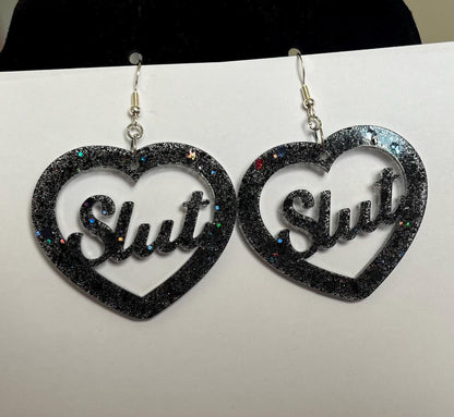 Black glitter bitch, brat or slut dangle drop earrings