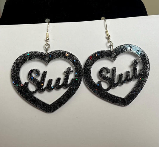 Black Brat and Slut heart dangle drop earrings sterling silver plated hardware