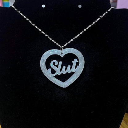 White slut heart pendant necklace silver plated chain