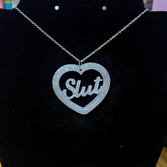 White slut heart pendant necklace silver plated chain