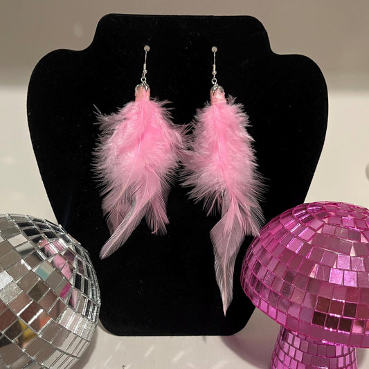 Handmade feather dangle drop earrings available in pink, white or black, sterling silver plated hardware