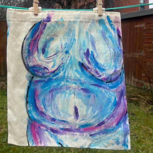 Nude hand painted shopping tote bags in blue pink and purple