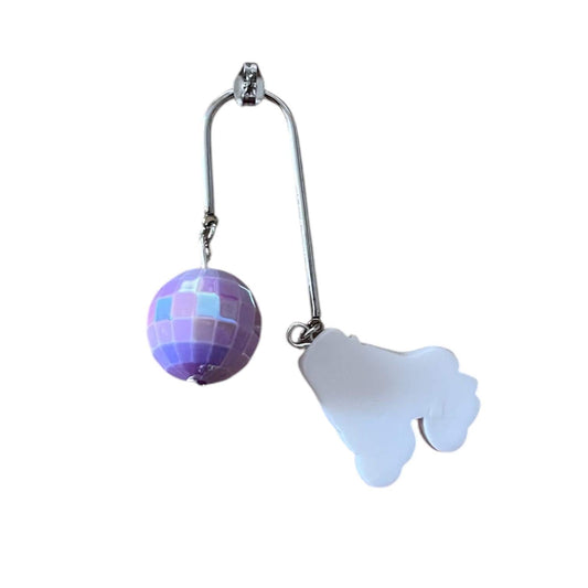 Purple disco ball and roller skate dangle drop earrings stainless steel silver earrings