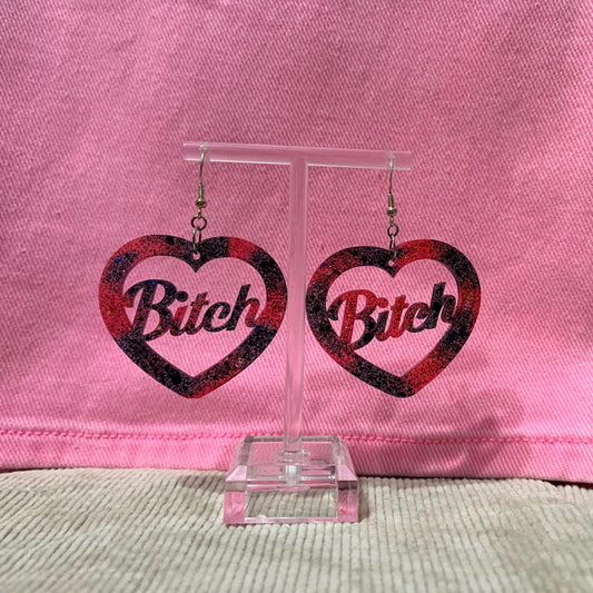 Black and red glitter dangle drop clip on bitch earrings