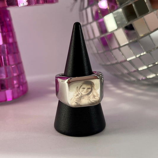 iconic Nikki Grahame statement signet ring in silver stainless steel