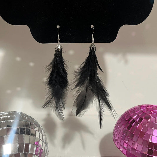 Handmade feather dangle drop earrings available in pink, white or black, sterling silver plated hardware