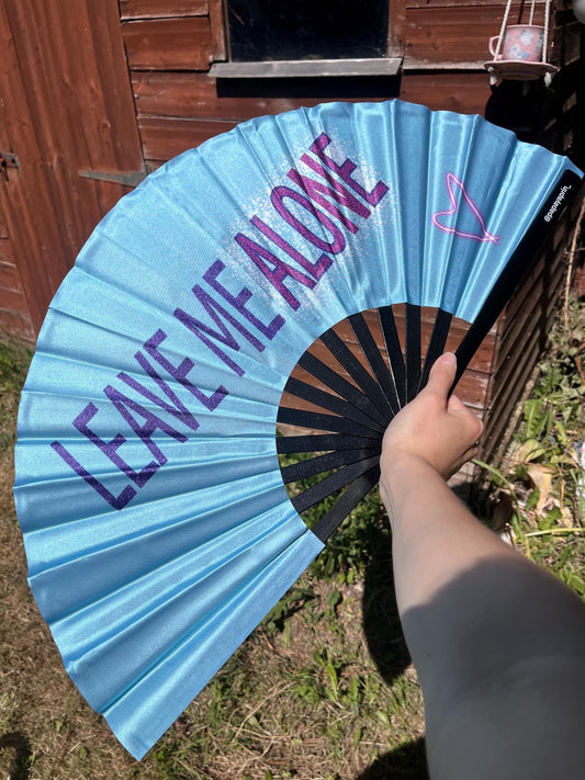 Huge colourful leave me alone clacker fan for raving, pride, or fanning yourself whilst you have a panic attack