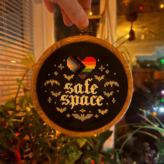 Safe Space LGBTQ+ spooky cross stitch wall hanging queer decor
