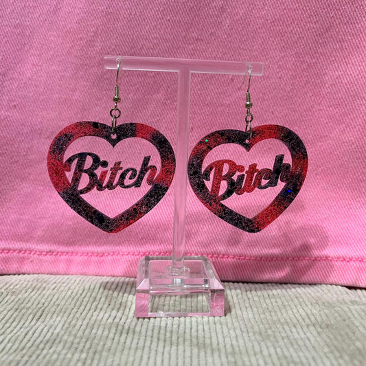 Black and red glitter dangle drop clip on bitch earrings