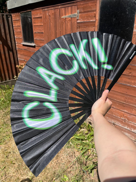 Huge colourful clack! clacker fan for raving, pride, or fanning yourself whilst you have a panic attack
