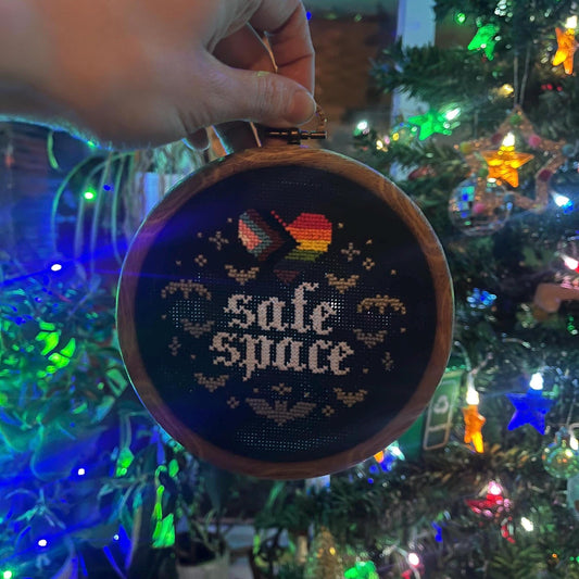 Safe Space LGBTQ+ spooky cross stitch wall hanging queer decor