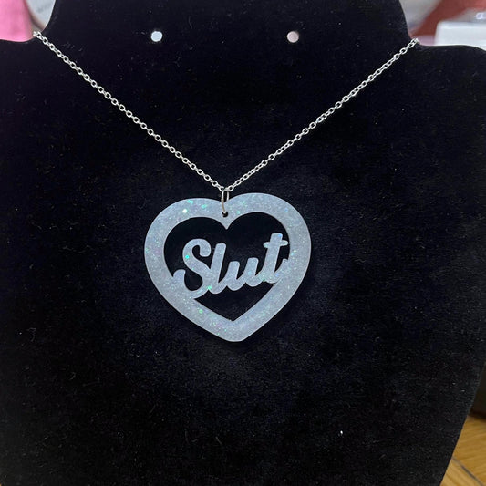White slut heart pendant necklace silver plated chain