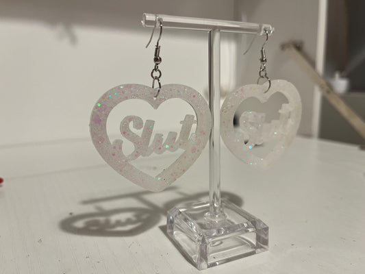 White Bitch Brat and Slut heart dangle drop earrings sterling silver plated hardware