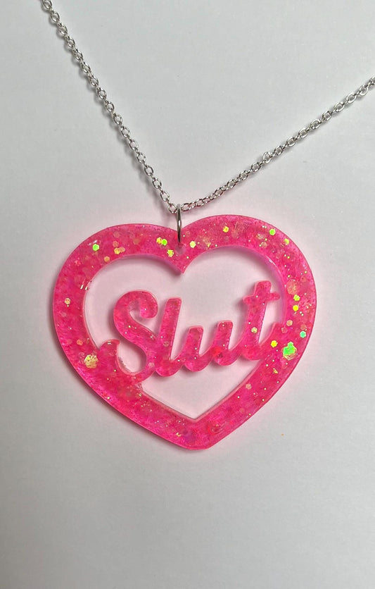 Pink slut heart pendant necklace silver plated chain