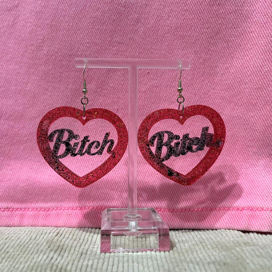 black and red glitter dangle drop clip on bitch earrings