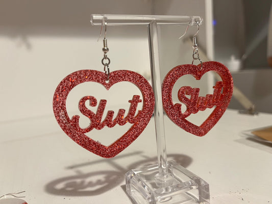 Red Glitter Slut Dangle Drop Earrings