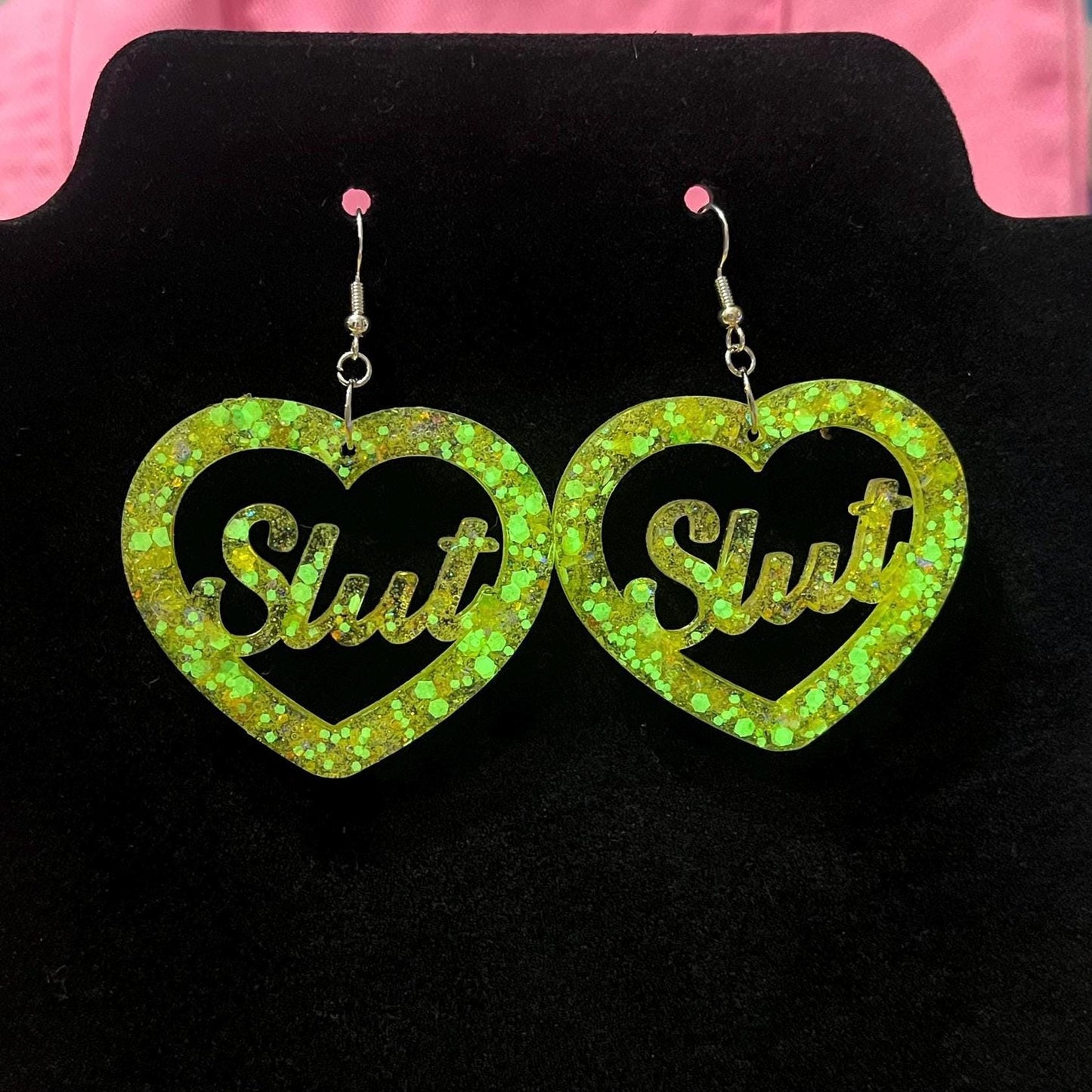 UV yellow Bitch or Slut Dangle Drop Earrings