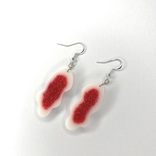 Tampon and sanitary towel earrings, glittery blood dangle drop, sterling silver plated hardware