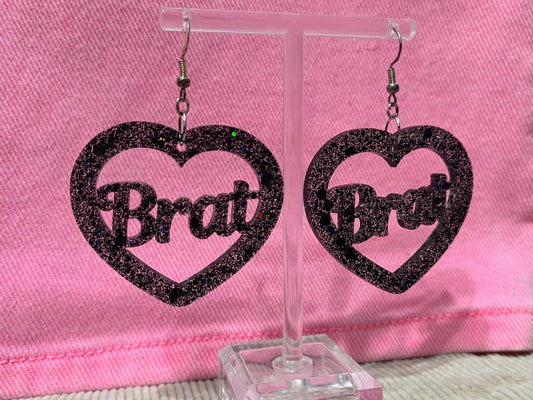 Black Brat and Slut heart dangle drop earrings sterling silver plated hardware