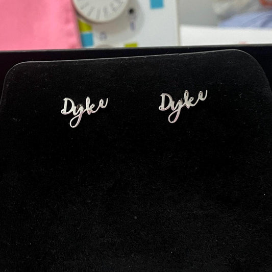 Dyke cursive stud stainless steel earrings lgbtq wlw