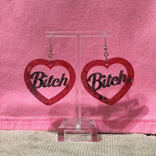 black and red glitter dangle drop clip on bitch earrings
