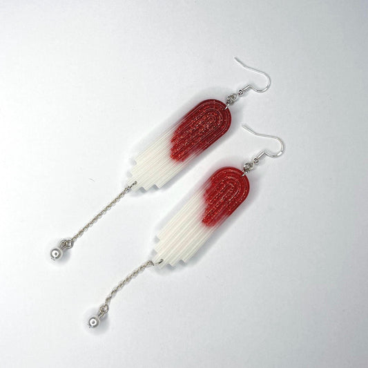 Tampon and sanitary towel earrings, glittery blood dangle drop, sterling silver plated hardware