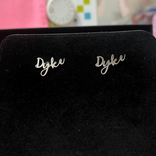 Dyke cursive stud stainless steel earrings lgbtq wlw