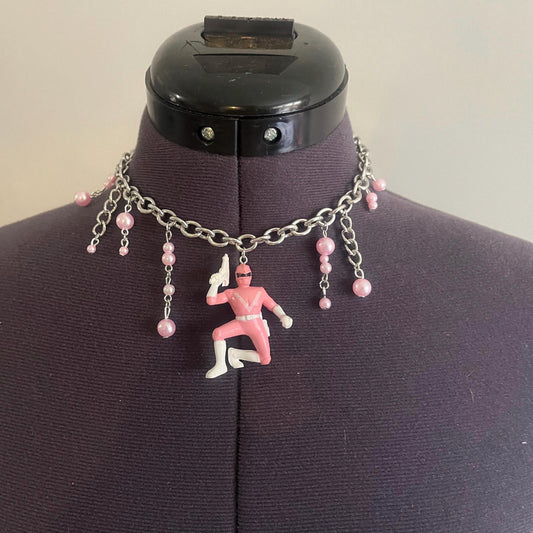 Pink power rangers choker necklace beaded handmade stainless steel