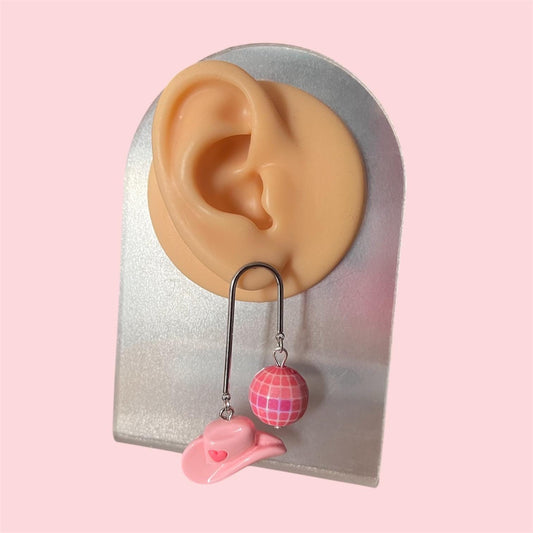 Pink disco ball and cowboy hat dangle drop earrings stainless steel silver earrings Chappell Roan, Pink Pony Club
