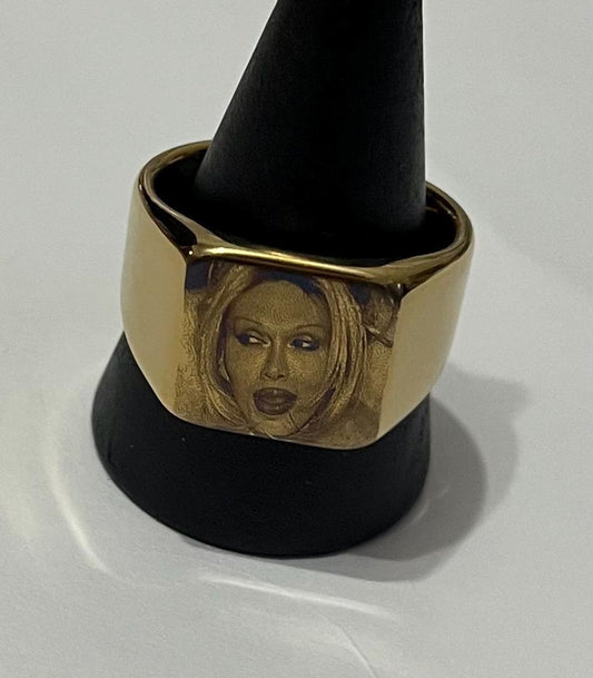 iconic Pete Burns statement signet ring in gold or silver stainless steel