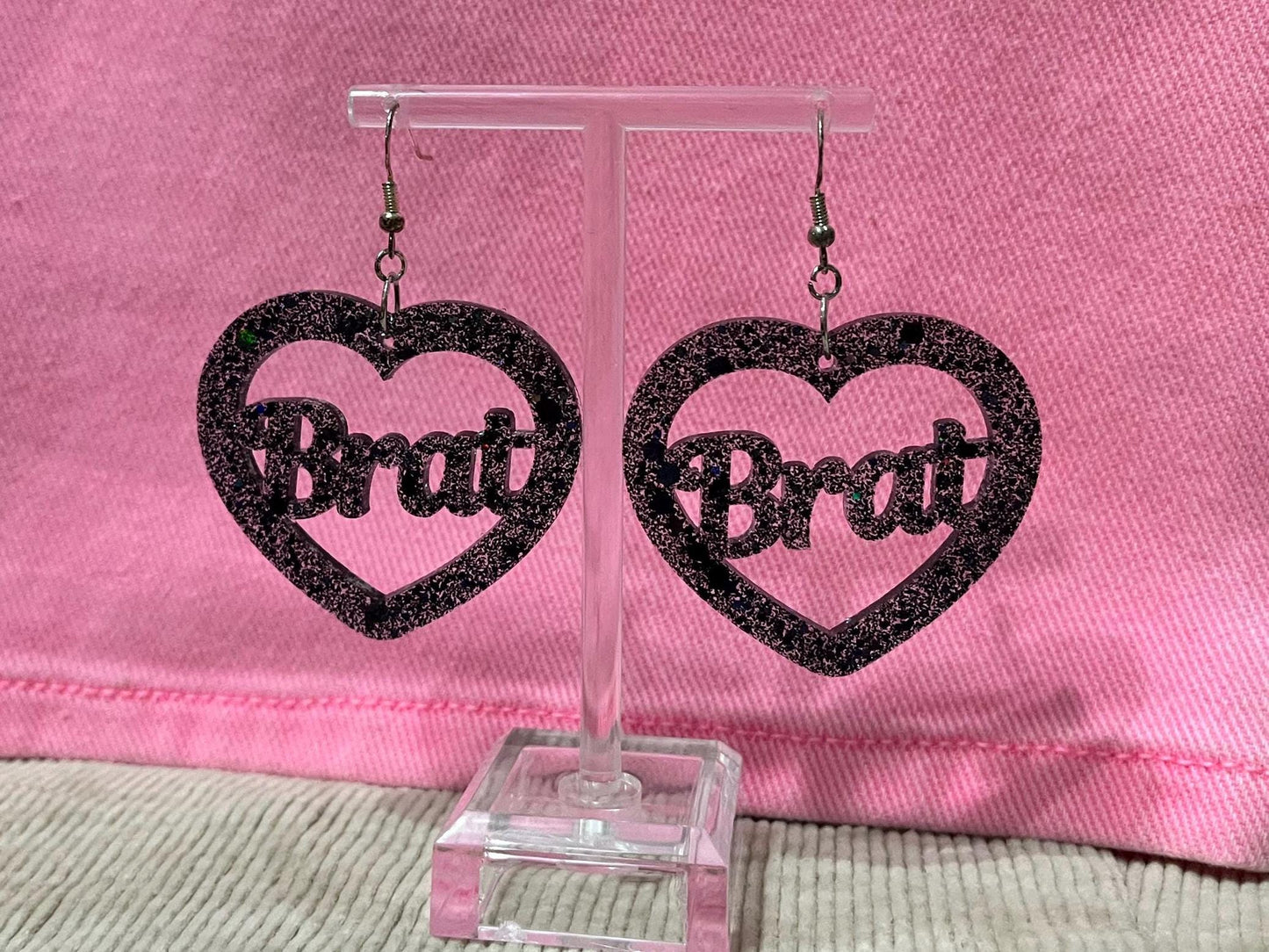 Black Brat and Slut heart dangle drop earrings sterling silver plated hardware