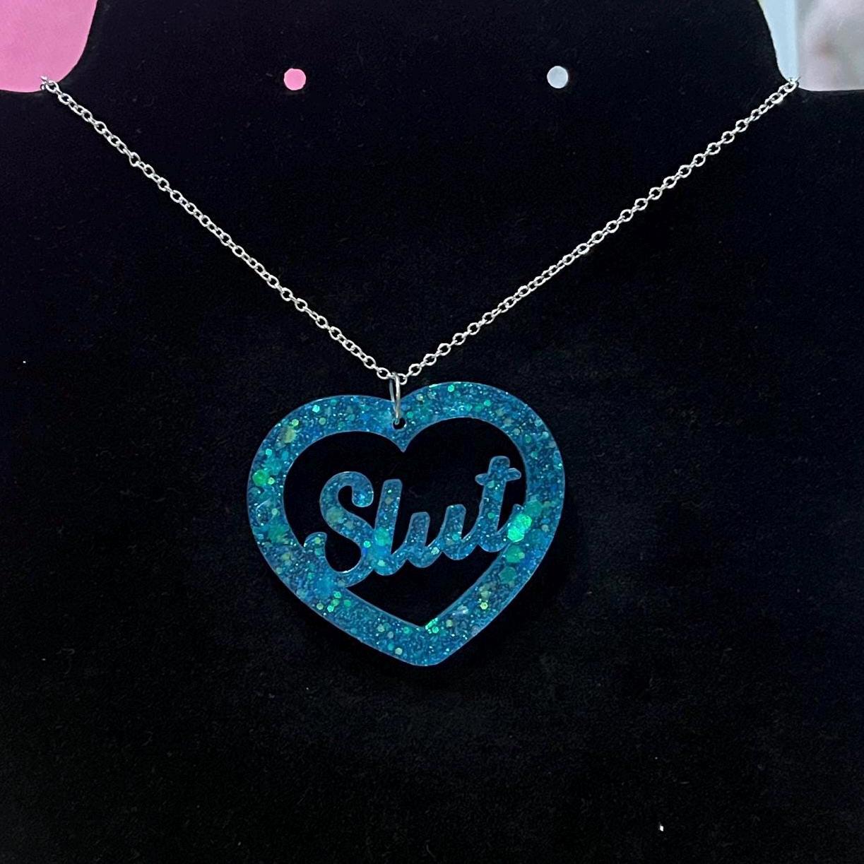 Aqua blue slut heart pendant necklace silver plated chain
