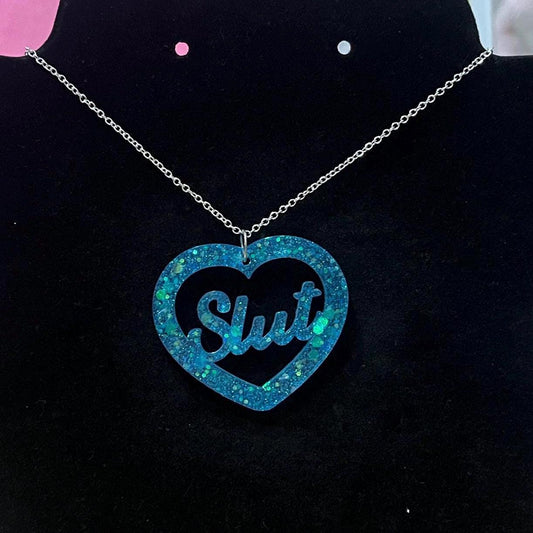 Aqua blue slut heart pendant necklace silver plated chain